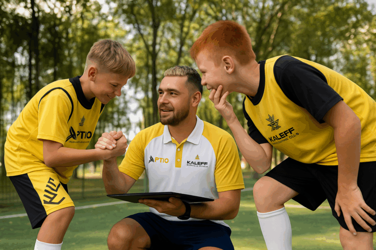 Coach de Kaleff SC dando instrucciones a jóvenes futbolistas