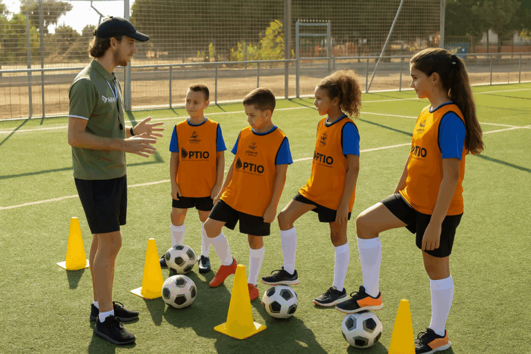Entrenador con niños de Kaleff Sporting Club en práctica deportiva